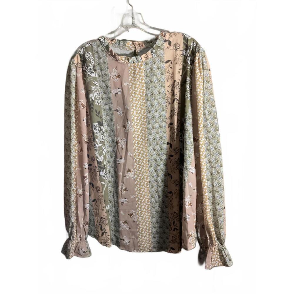 Chic Floral Mixed Print Blouse with Ruffled Cuffs XL